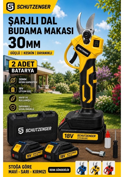 Schutzenger RM7012 Çift Batarya Şarjlı Dal Kesme Budama Makası 30MM Paslanmaz Teleskop Kol Oyumlu Sarı Pro