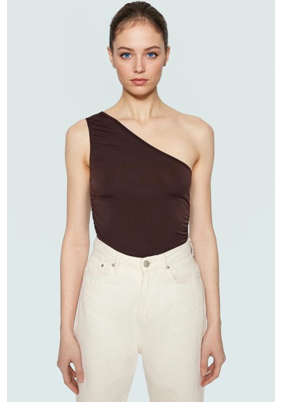 Ersefa Fitted Tek Omuz Bluz Esnek Örme Crop Boy Modern Stil Premium Kali Kahverengi
