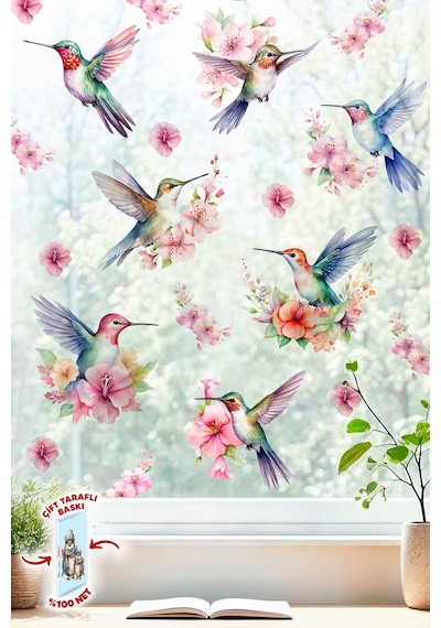 Çif Taraflı Baskılı Bahar Kuşları Ve Çiçekler Temalı Cam Sticker Seti 29 Parça Bahar Temalı Sticker Dijital Baskı