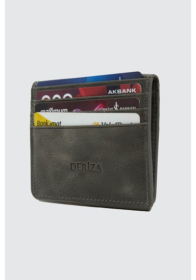 Deriza Hakiki Deri Vintage Mıknatıslı Cüzdan Gri