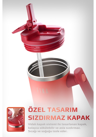 Fika Lumi Patentli Döner Kulplu Sızdırmaz Çelik Termos 1200 Ml - Bej Kırmızı