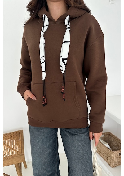 Noa & Noa Kadın Fular Detaylı Kapüşonlu Sweatshirt Casual Charm Kahverengi