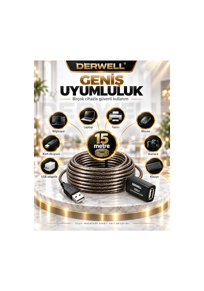 Yeni 2026 15 Metre Usb 2.0 Aktif Uzatma Kablosu Dahili Güçlendirilmiş Sinyal Çipli Kopma Donma Yapmaz Tak Çalıştır Erkek Dişi Yüksek Hızlı Kararlı Veri Aktarım Kablosu Gold Seri Premium