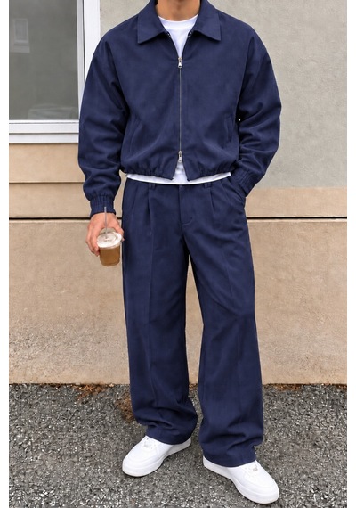 Erkek Oversize Çift Fermuarlı Ceket Ve Baggy Pantolon Alt Üst Takım Lacivert Lacivert