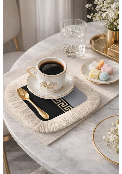 Yunan Motifli Saçaklı Sunum Peçetesi - Lüks Klasik Modern Siyah Altın Renkli Bardak Altlığı Mendil Soft Gece Vişne