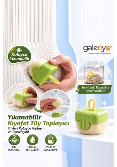 Yıkanabilir Mini Tüy Toplama Rulosu Dahili Hazneli Evcil Hayvan Kıl, Tüy Ve Toz Temizleyici Yeşil