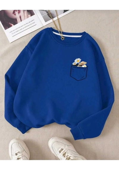 Kozia Outdoors O Yaka Baskılı Oversize Unisex Sweatşhirt Mavi Mavi