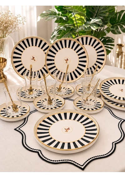 18 Parça Modern Piano Black Bird Pasta Çay Saati Seti-5231 Siyah