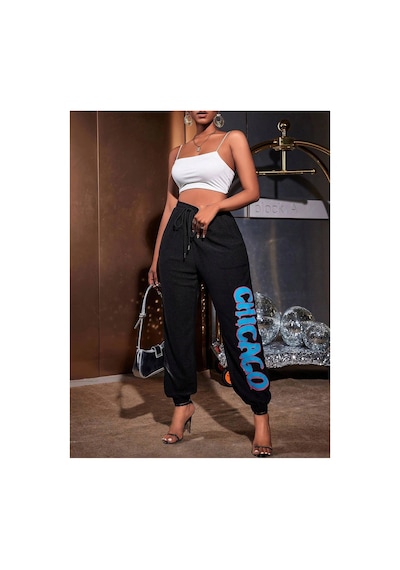 Tarzsokak Sxy Letter Graphic Drawstring Waist 4 Mevsim Eşofman Siyah