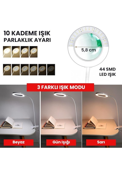 Upway 5x Cam Büyüteçli Led Masa Lambası - 3 Renk Modlu Tamir Ve Hobi Lambası Beyaz