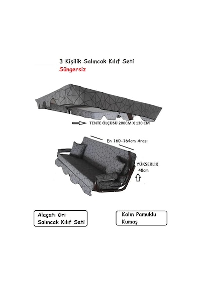 Süngersiz 3 Kişilik Salıncak Minder Seti -alaçatı Gri