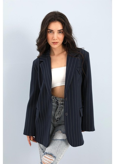 Blazer Ceket Çizgili Atlas Kumaş - Lacivert-lacivert Lacivert
