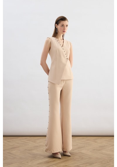 Sateen Yanları İnci Aksesuarlı Pantolon - Bej-136824 Bej