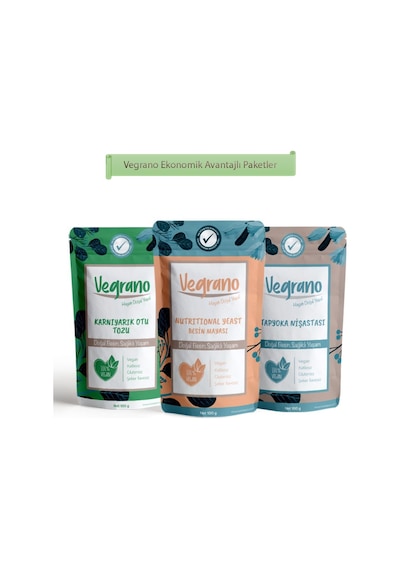 Vegrano Nutritional Yeast Besin Mayası 100 G + Vegrano Tapyoka Nişastası Gıda Tipi 100 G + Vegrano Karnıyarık Otu Tozu PsylliumTozu 100 G