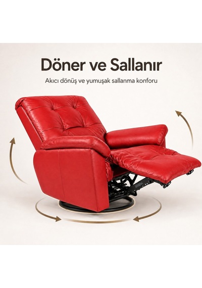 Smarto Relax Basel Elektrikli Masajlı Döner Sallanan Tv Koltuğu Kontrol Panelli Ergonomik Gerçek Deri Baba Koltuğu Kırmızı