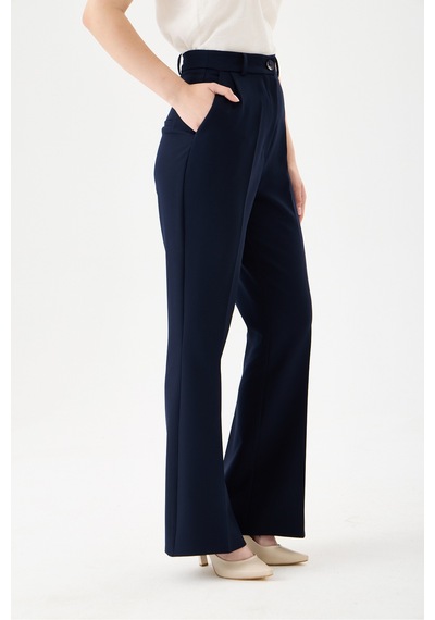 Velnara Moda Lacivert İspanyol Paça Cepli Yüksek Bel Dokuma Kumaş Kadın Pantolon Lacivert - 918305891 Lacivert
