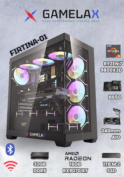 Gamelax Fırtına-01 Amd Ryzen7 9800x3d Rx9070xt 16gb 32gb Ddr5 Ram 1tb M.2 Ssd 240mm Sıvı Soğutma Wi-