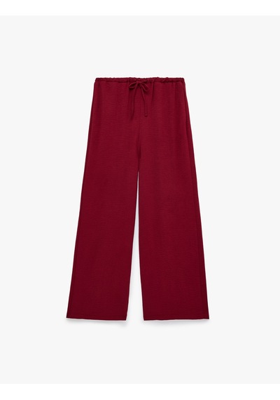 Koton Keten Görünümlü Beli Bağcıklı Cepli Düz Geniş Paça Pantolon Bordo 6sak40385pw