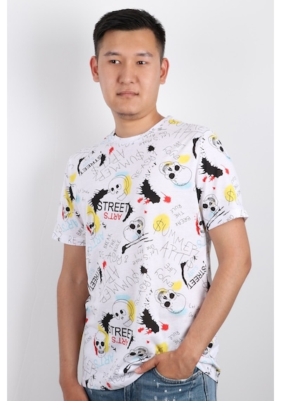 Rich Erkek Bisiklet Yaka Baskılı T-shirt %100 Pamuk Tişört Beyaz