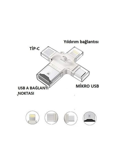 4&apos Ü 1 Arada Otg Kart Okuyucu Dört Bağlantı Noktası: Lightning + Tip C + Micro Usb + Usb Kart Okuyucu, Gümüş