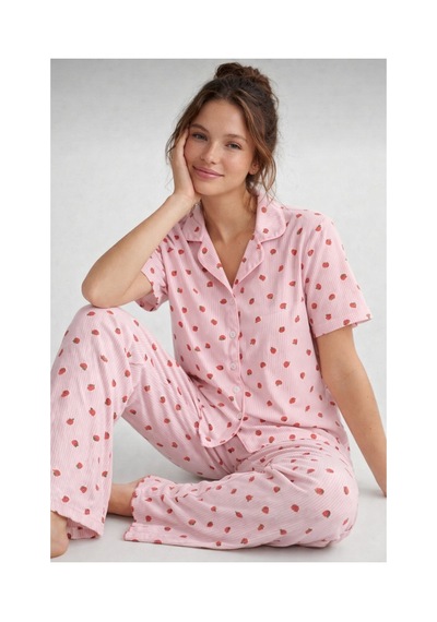 Rindahomewear Pamuklu Örme Kumaş Çilek Desenli Düğmeli Pijama Takım Çilek Baskılı