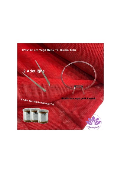 Tel Kırma Kına Seti Kiti Kırmızı Renk Kare Tül, 3 Adet Taç Tel Kırma Teli Ve Büyük Yaylı Kasnak - 88015954