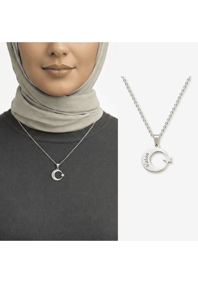 Tesbihane Kadın Çelik Kolye - Kişiye Özel - Gümüş Renk - Ayyıldız Tasarım - 45 Cm