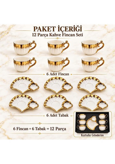 Valkyrie 6 Kişilik 12 Parça Gold Fiyonklu Porselen Türk Kahvesi Fincan Seti 80 Ml Kutulu Beyaz Altın