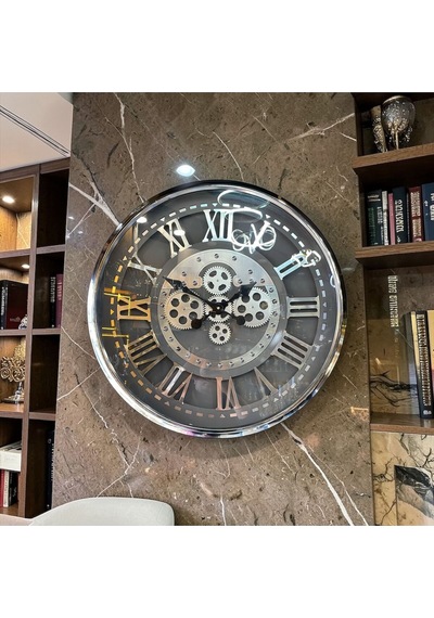 Roma Rakamlı Endüstriyel Metal Duvar Saati Dişli Mekanizmalı Vintage Dekor Saat Gümüş Gümüş