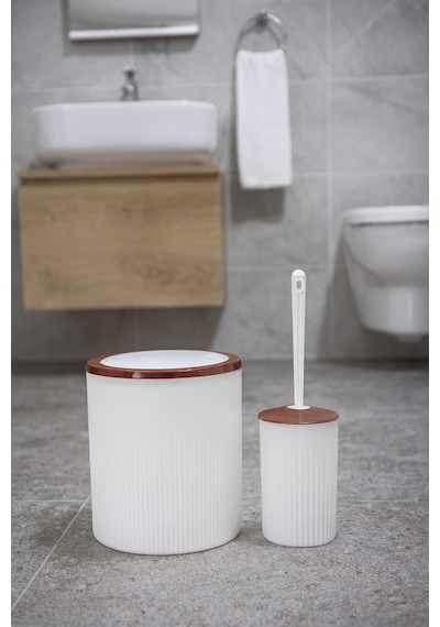 Makri Home Elegan Kahve Beyaz 2 Li Banyo Seti 6 Litre Çöp Kovası & Wc Fırçalık Takımı Kahverengi - Krem