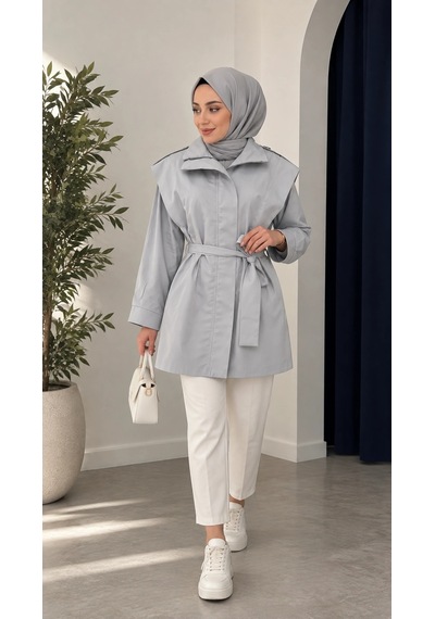Nevayla Moda Kuşaklı Fermuarlı Mevsimlik Trençkot - Gri / M0116