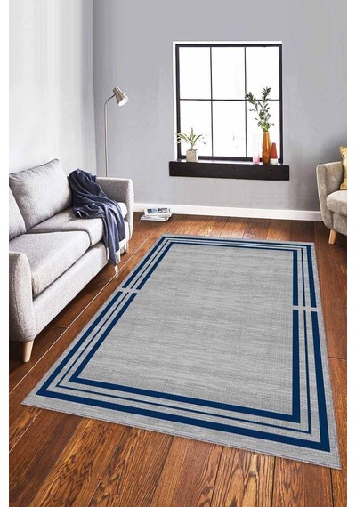 Lacivert Çerçeveli Kaymaz Tabanlı Dekoratif Halı Rv082n11