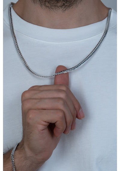 Silver Ezme Yassı Yılan Çelik Unisex Kolye Ve Bileklik Seti Eck36 Beyaz