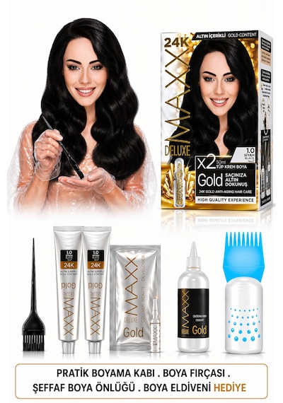 Maxx Deluxe Golden Beauty Set Saç Boyası 1.0 Siyah 2 Li + Fırça+pratik Boya Kabı