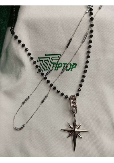 Tiptop/ Siyah Boncuklu Gümüş Renk Kutup Yıldızı Ve Silver Çelik Kolye 2'li Set Gümüş - Siyah