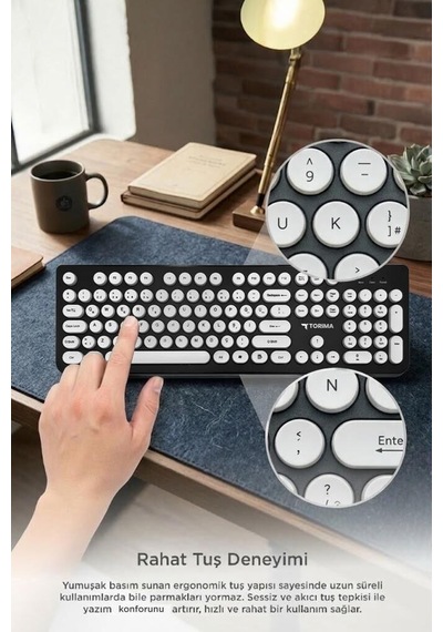 Premium Çalışma Alanı Teknoloji Stil Kablolu Q Klavye Retro Daktilo Tk09 Siyah Beyaz