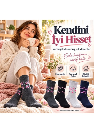 Genel Kadın Ekonomik Soket Çorap 4'lü Seti Çiçek Desenli Bayan Günlük Çora Çok Renkli / 36-40 / 4 Adet Çok  Renkli