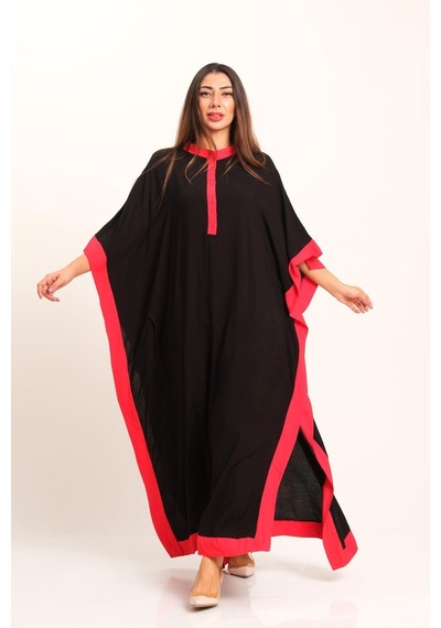 Keyifli Moda Kadın Siyah Kırmızı Garnili Sırtı Çiçek Nakışlı Püsküllü Yarasa Kol Yırtmaçlı Oversize Uzun Elbise - Sıyah Siyah