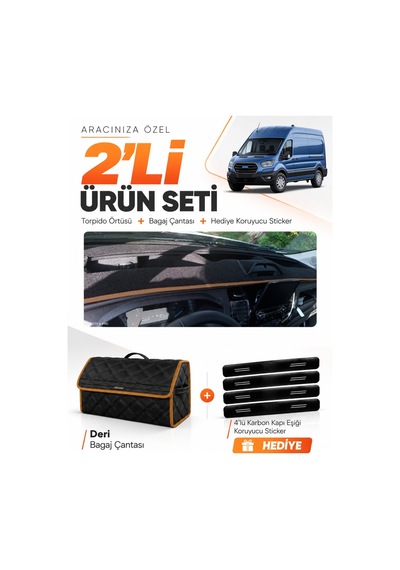 Ford Transit Tip 2 2020-2025 Uyumlu Torpido Örtüsü + Deri Çanta + Sticker - Siyah Kahverengi