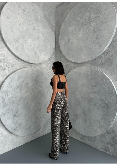 Zeo Basic Wide-leg Pantolon Leopar Desnli Bej Bej