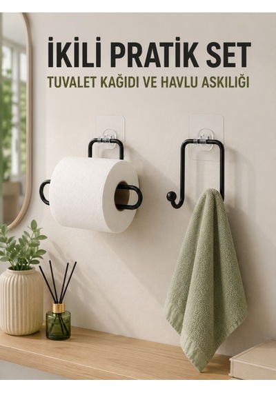 Duvara Yapışkanlı 2 Li Düzenleme Seti Havlu Askısı Ve Tuvalet Kağıdı Tutucu