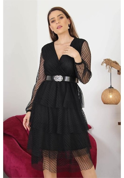 Neşeli Butik Kadın Kemerli Eteği Kat Kat Yeni Sezon Tül Elbise Nb10006 Siyah