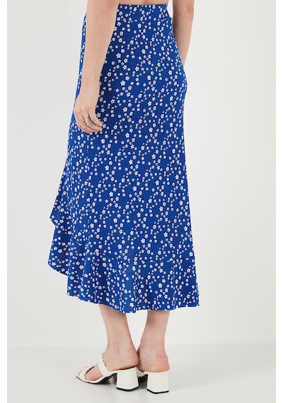 Lela Çiçek Desenli Regular Fit Volanlı Yüksek Bel Midi Boy Yırtmaçlı Bayan Etek 5869012 Saks