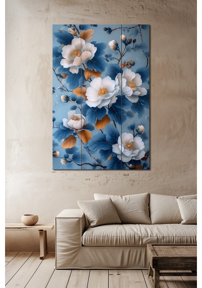 Çiçek Baskılı Cam Tablo Mavi Beyaz Floral Desenli Şık Dekoratif Duvar Tablosu