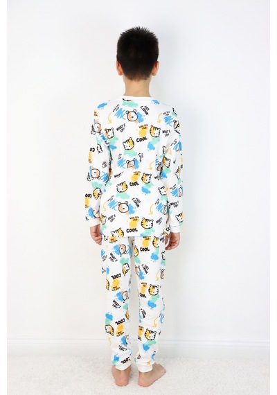 Harika Kids Erkek Çocuk Baskılı İnterlok Kumaş Uzun Kollu Pijama Takımı Beyaz - Mavi Harika Kids Erkek Çocuk Baskılı İnterlok Kumaş Uzun Kollu Pijama Takımı Beyaz - Mavi