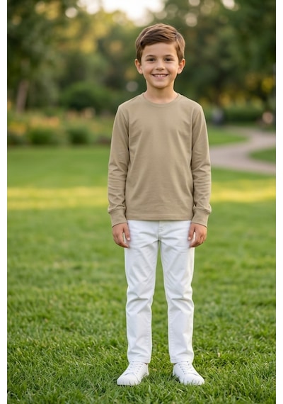 Kiagu Erkek Çocuk Uzun Kollu Basic Düz Tişört %100 Pamuk Bisiklet Yaka T-shirt 2-13 Yaş Bej
