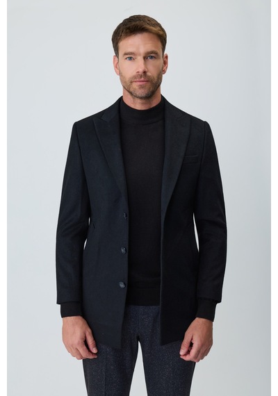 Morven Erkek Siyah Yün Trend Düz Dynamic Fit Sivri Yaka Kaban 27ks016003001 Siyah
