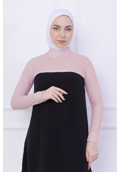 Loggia Balıkçı Yaka Boyunluklu Kolluk - Likralı Kadın Body Tesettür Crop Bolero-pudra Pudra