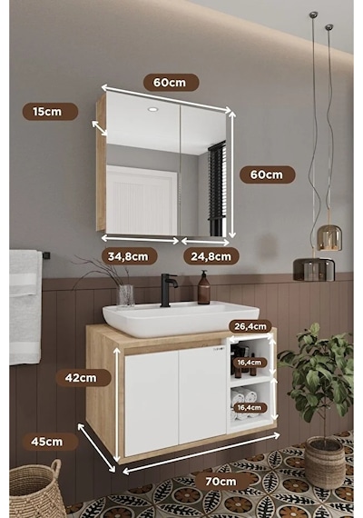 Lale Beyaz 70 Cm %100 Mdf Lavabolu Banyo Dolabı + Aynalı Dolap Beyaz Meşe Lale Beyaz 70 Cm %100 Mdf Lavabolu Banyo Dolabı + Aynalı Dolap Beyaz Meşe