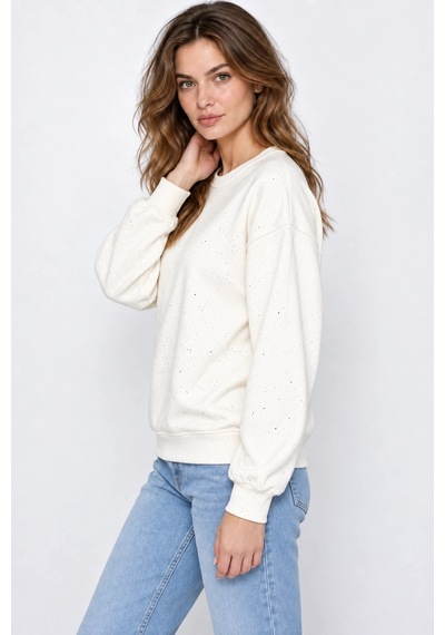 Mevese Yaldız Baskılı Zincirli Ve Fularlı Kadın Oversize Modal Sweatshirt- Beyaz